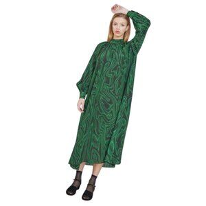 WHiT Anslem Shift Midi Dress Womens P XS Emerald Green Black Long Sleeve Silk